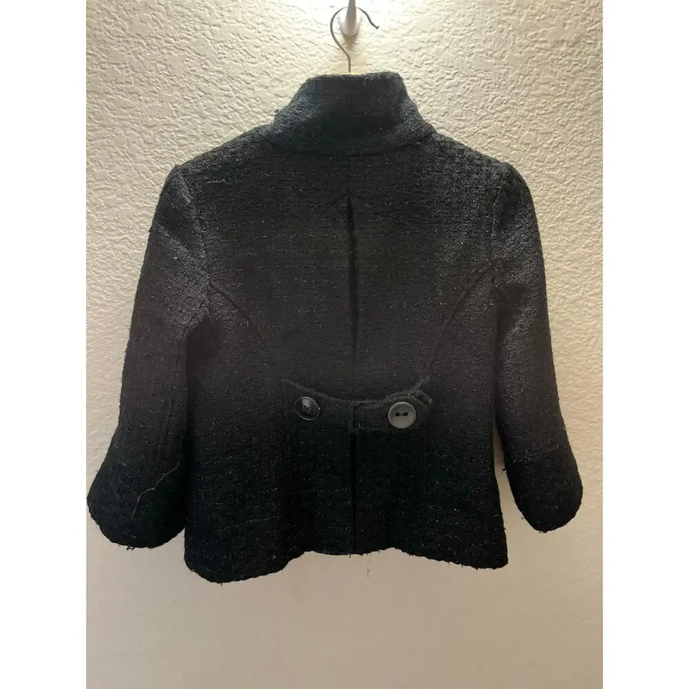 GUESS Black Cropped Tweed Peacoat Double Breasted Wool Blend M Y2K Sparkly - Picture 3 of 8